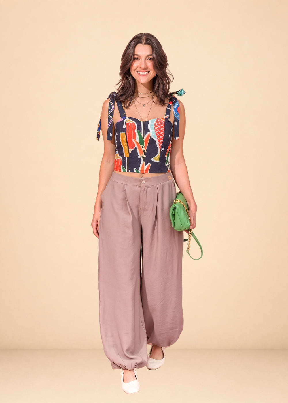 Camel fluid challis pants with elastic back waist and tapered elastic ankles, view 2