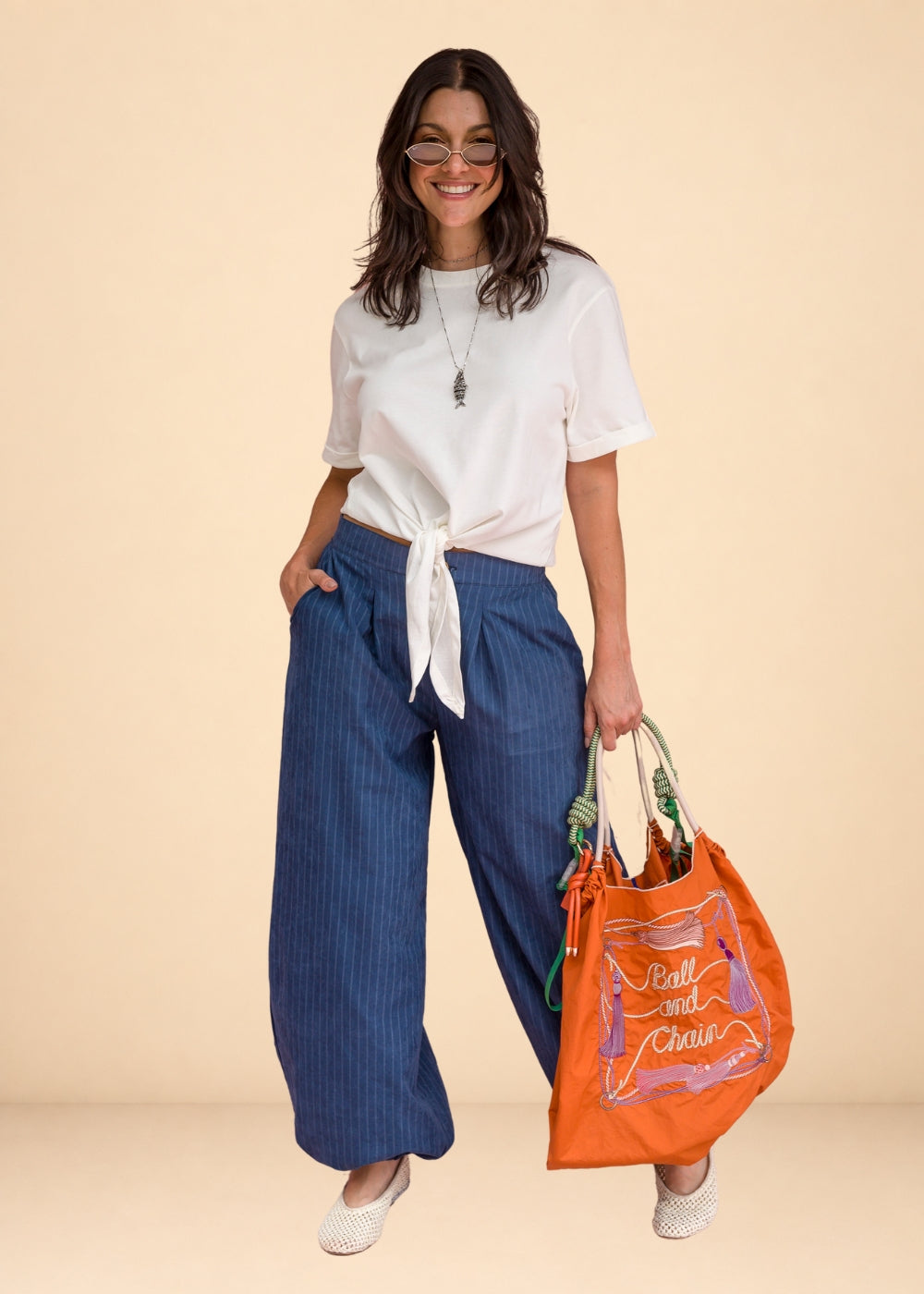 Blue striped fluid challis pants with elastic back waist and tapered elastic ankles, view 3