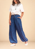 Blue striped fluid challis pants with elastic back waist and tapered elastic ankles