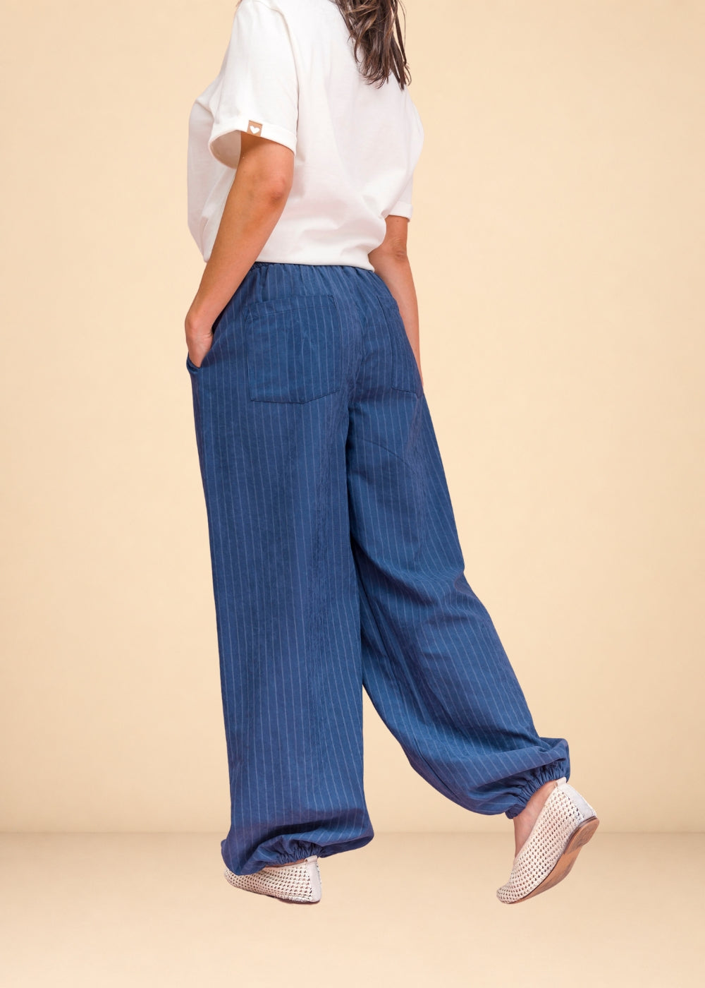 Blue striped fluid challis pants with elastic back waist and tapered elastic ankles, view 4