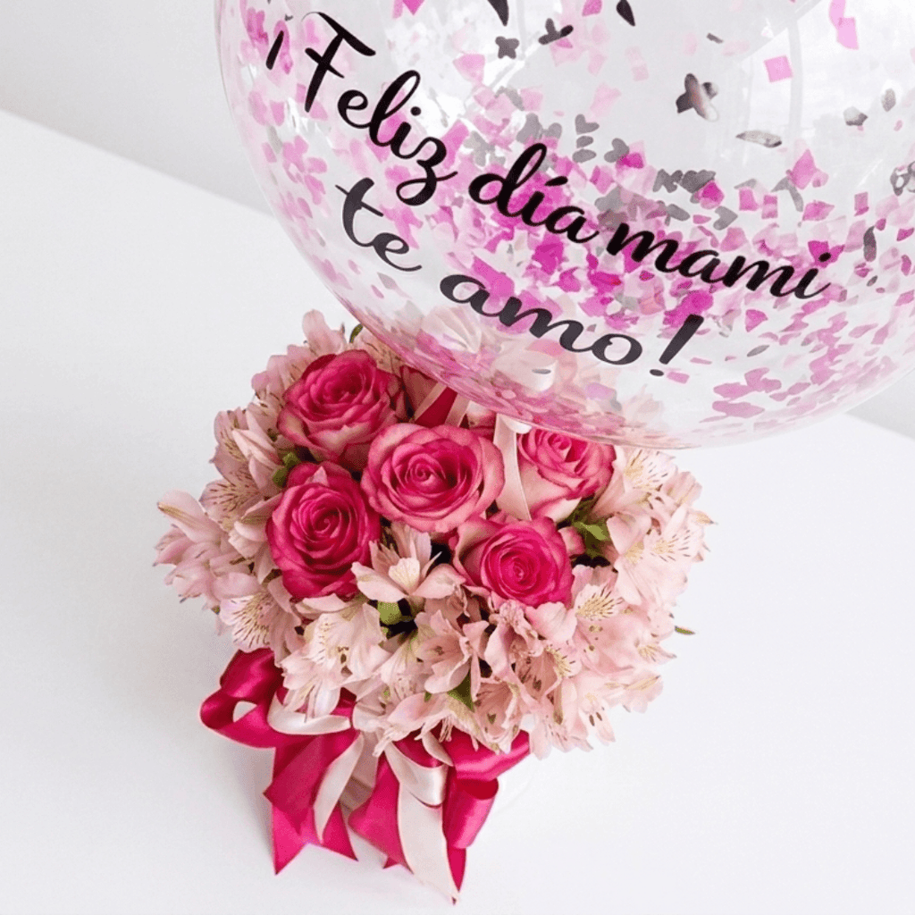 Arreglo de 6 rosas importadas - alstroemeria y globo personalizado
