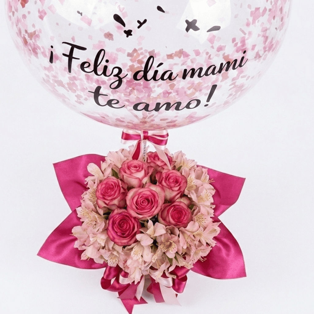 Arreglo de 6 rosas importadas - alstroemeria y globo personalizado