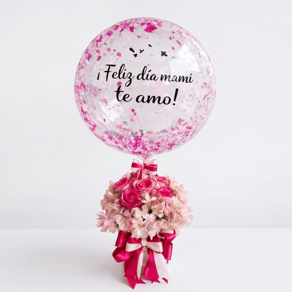 Arreglo de 6 rosas importadas - alstroemeria y globo personalizado