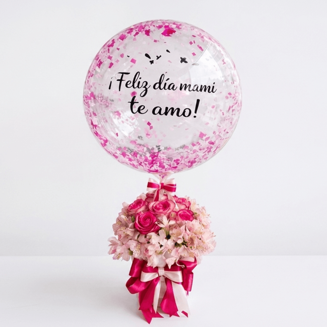 Arreglo de 6 rosas importadas - alstroemeria y globo personalizado