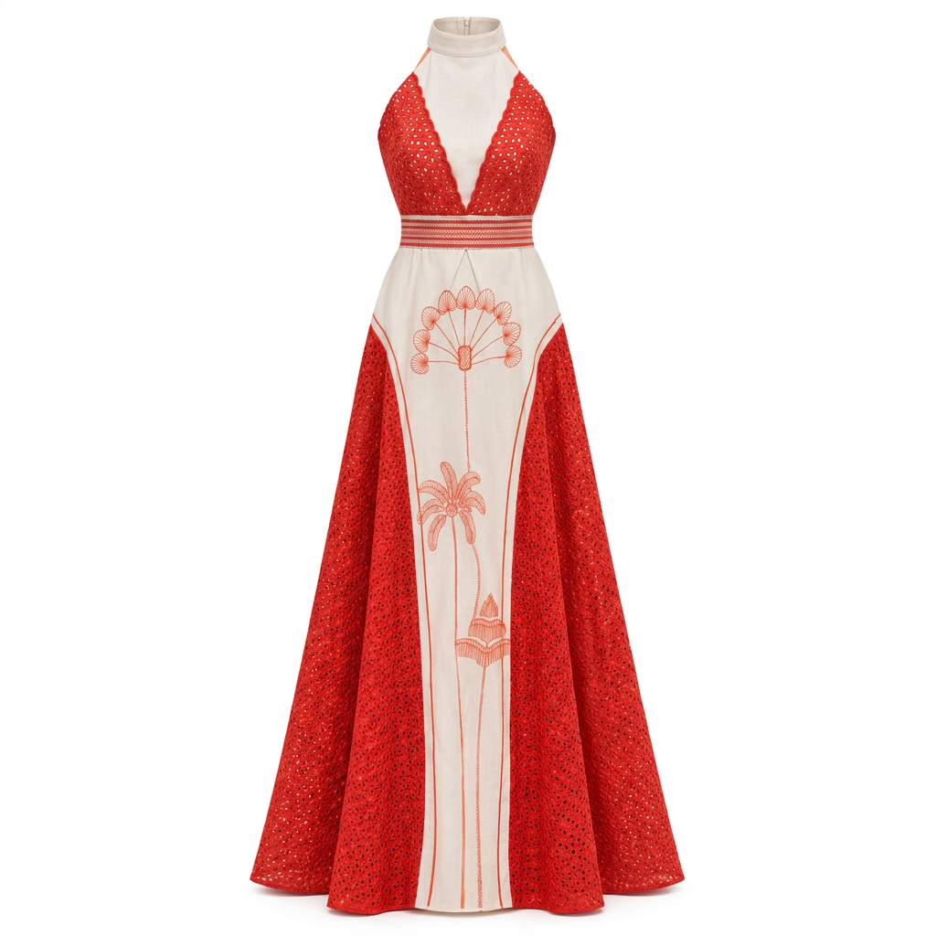 Vestido patrimonio halter terracota de lino
