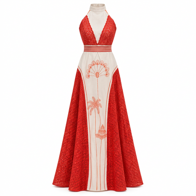 Vestido patrimonio halter terracota de lino