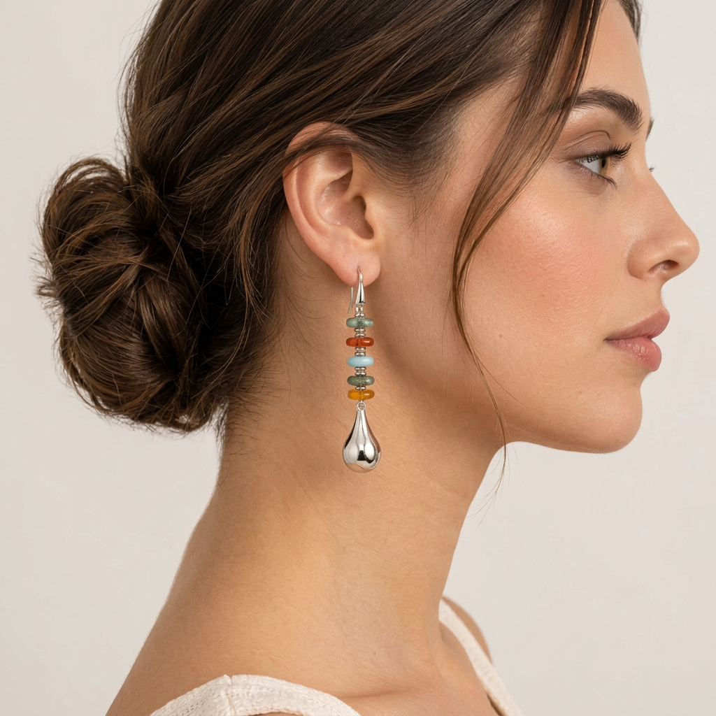 Aretes de cogas de plata con piedras de larimar y ambar