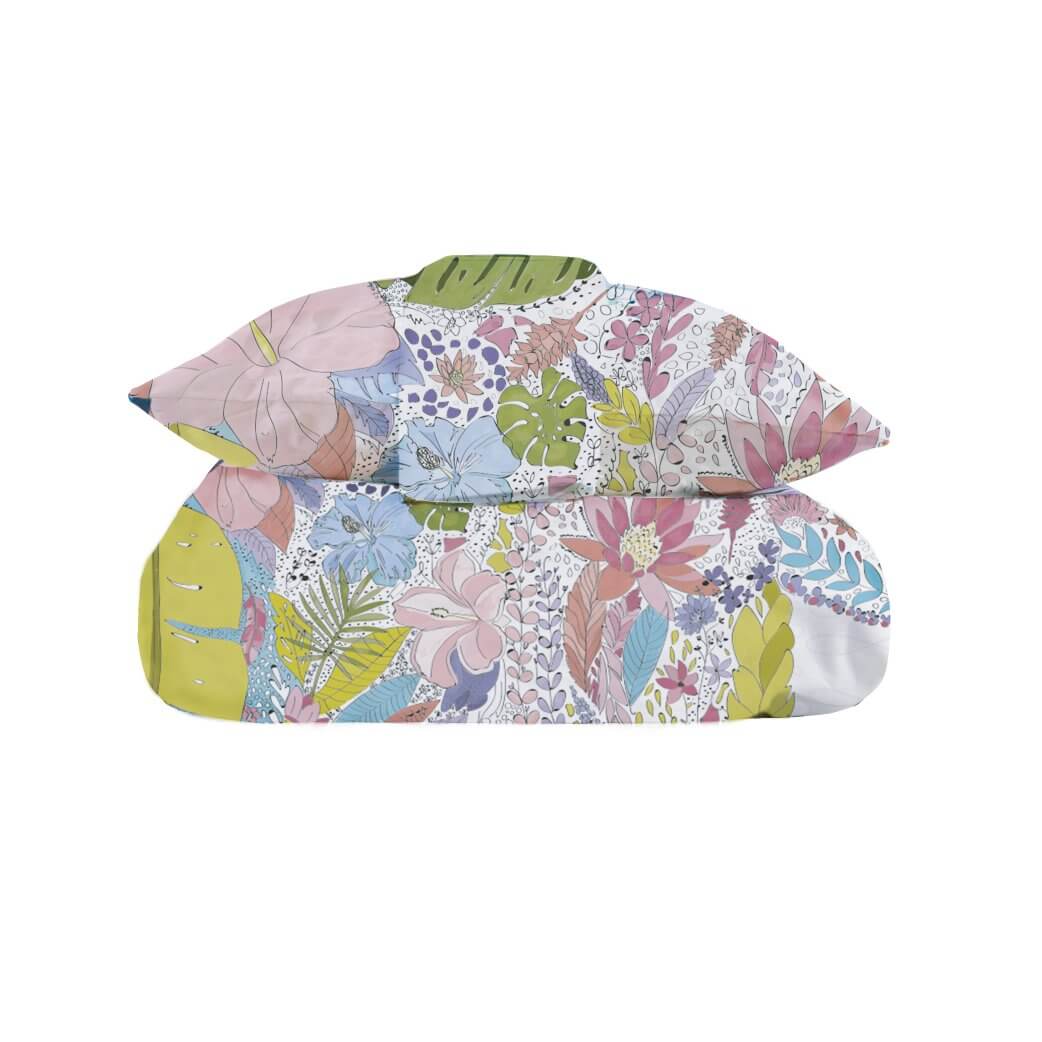 Vibrant duvet set featuring a whimsical rhinoceros floral print on soft cotton-polyester blend fabric, perfect for cozy bedding.