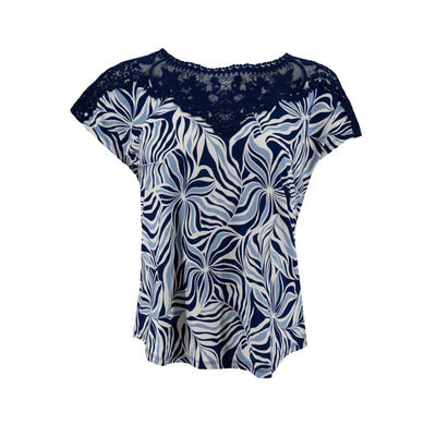 Blusa Robert Louis Mangas Cortas Estampado Encaje para Damas – BLUE/IVORY