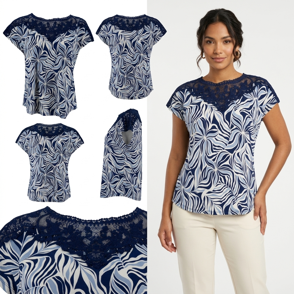 Blusa Robert Louis Mangas Cortas Estampado Encaje para Damas – vista 2