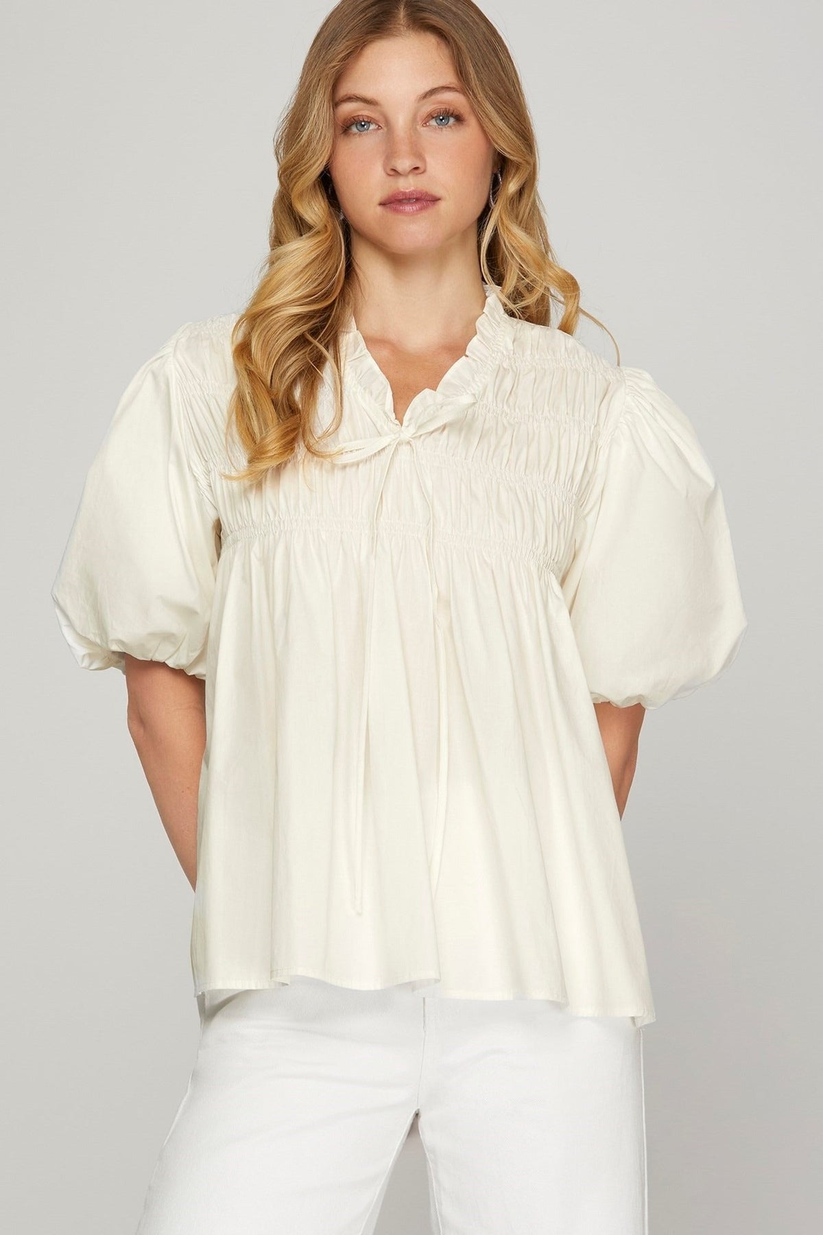 Blusa She + Sky Mangas Cortas Lisa para Damas – OFF/WHITE