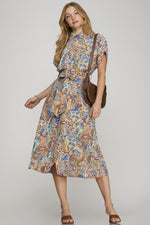 Vestido She + Sky Mangas Cortas Estampado para Damas – BLUE