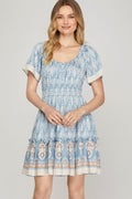 Vestido She + Sky Mangas Cortas Estampado para Damas – LT.BLUE