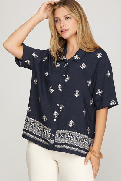 Blusa She + Sky Mangas Cortas Estampado para Damas – NAVY