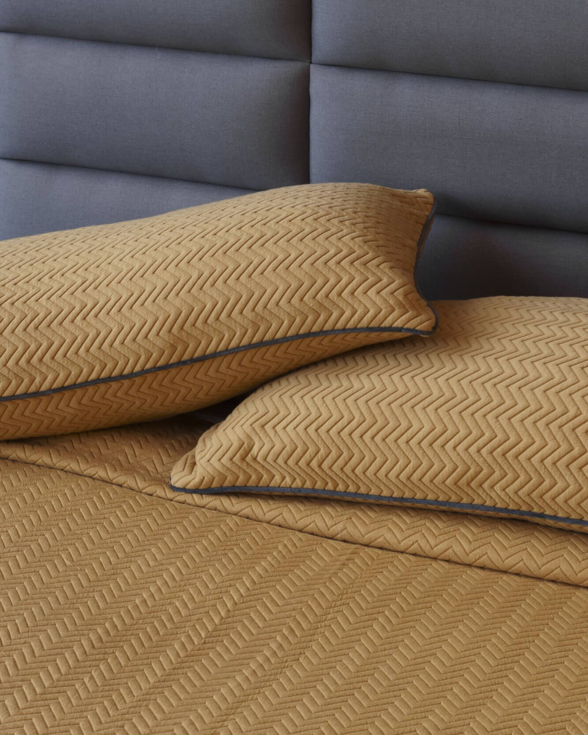 Vibrant mustard yellow Santorini duvet cover set with a bold zigzag pattern, adding chic sophistication to any bedroom.