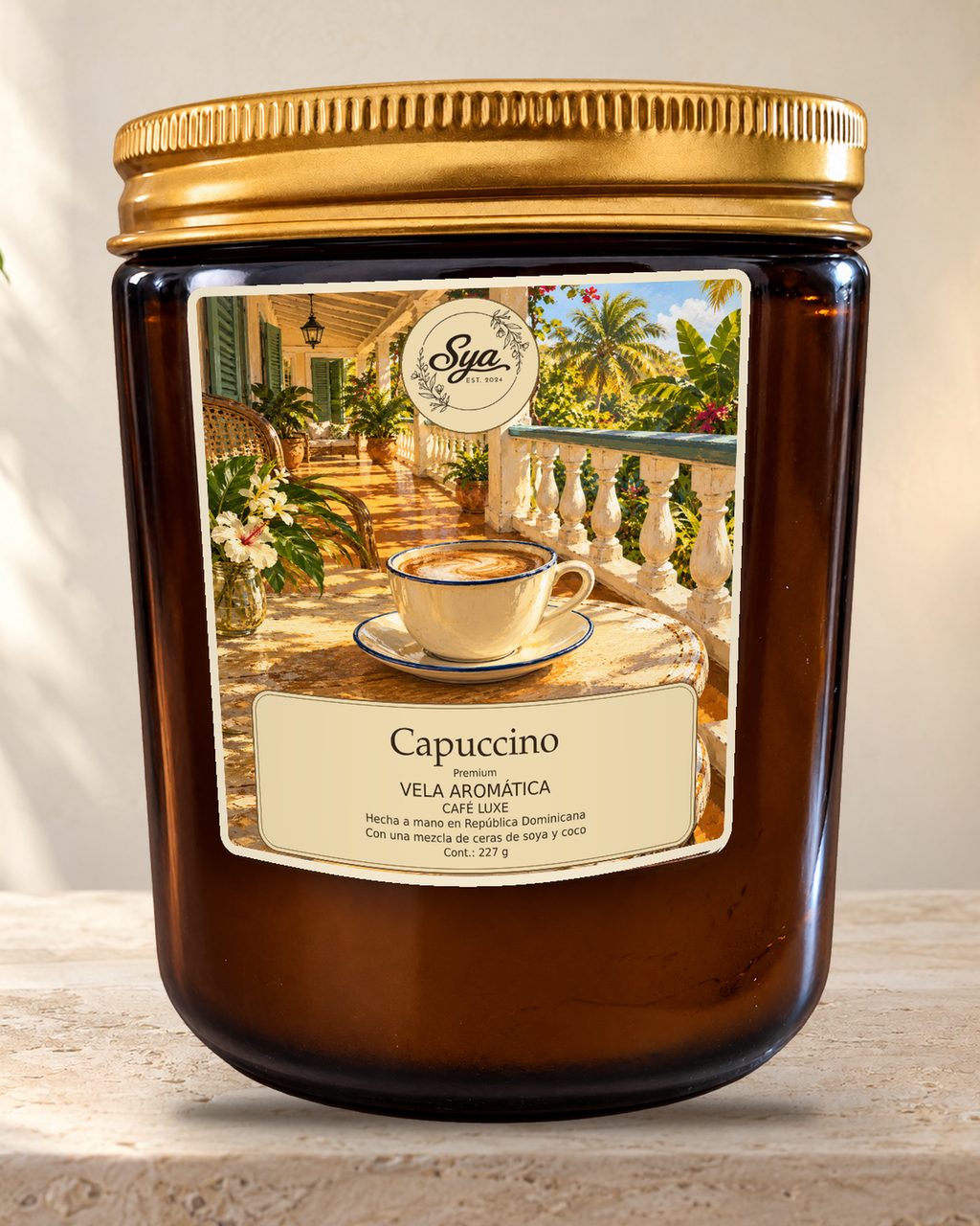 Vela Sya Capuccino de Café Luxe en escena ambiental.