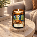 Vela Sya Cinnamon encendida en frasco ámbar con etiqueta Cinnamon ilustrada, sobre un posavasos de piedra en ambiente cálido.