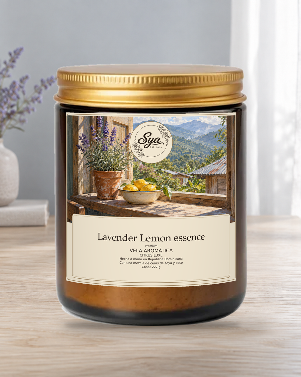 Vela Sya Lavender Lemon essence de Citrus Luxe en escena ambiental.