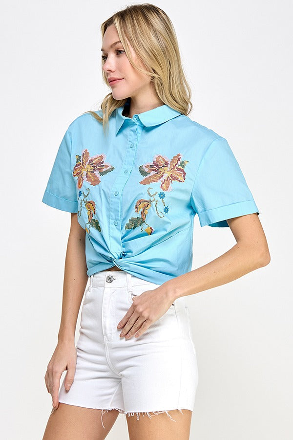 Blusa Rubienn Mangas Cortas Punto de Cruz para Damas