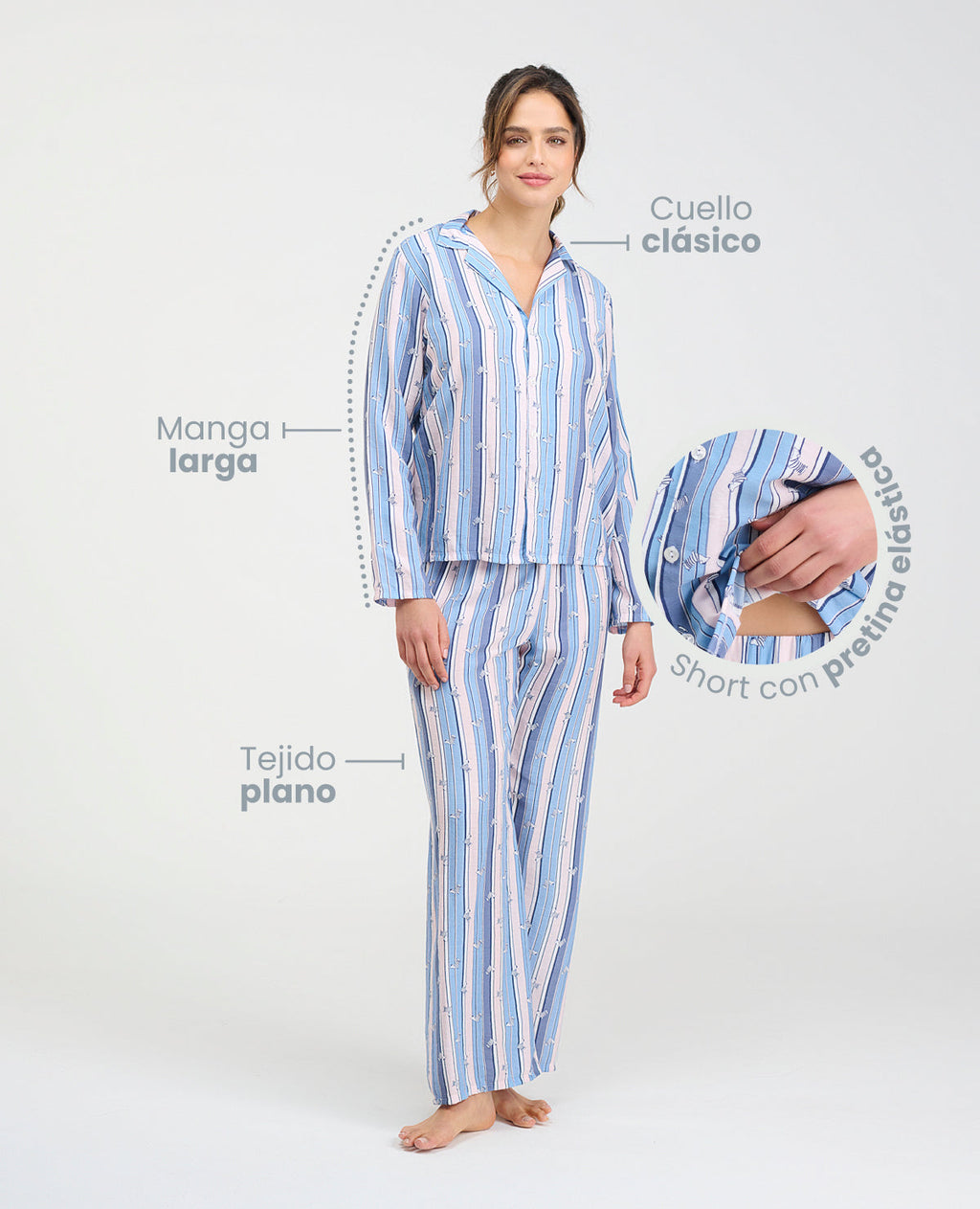 Pijama para mujer de pantalón y camisa manga larga a rayas azules con botones, cuello clásico y pretina elástica.