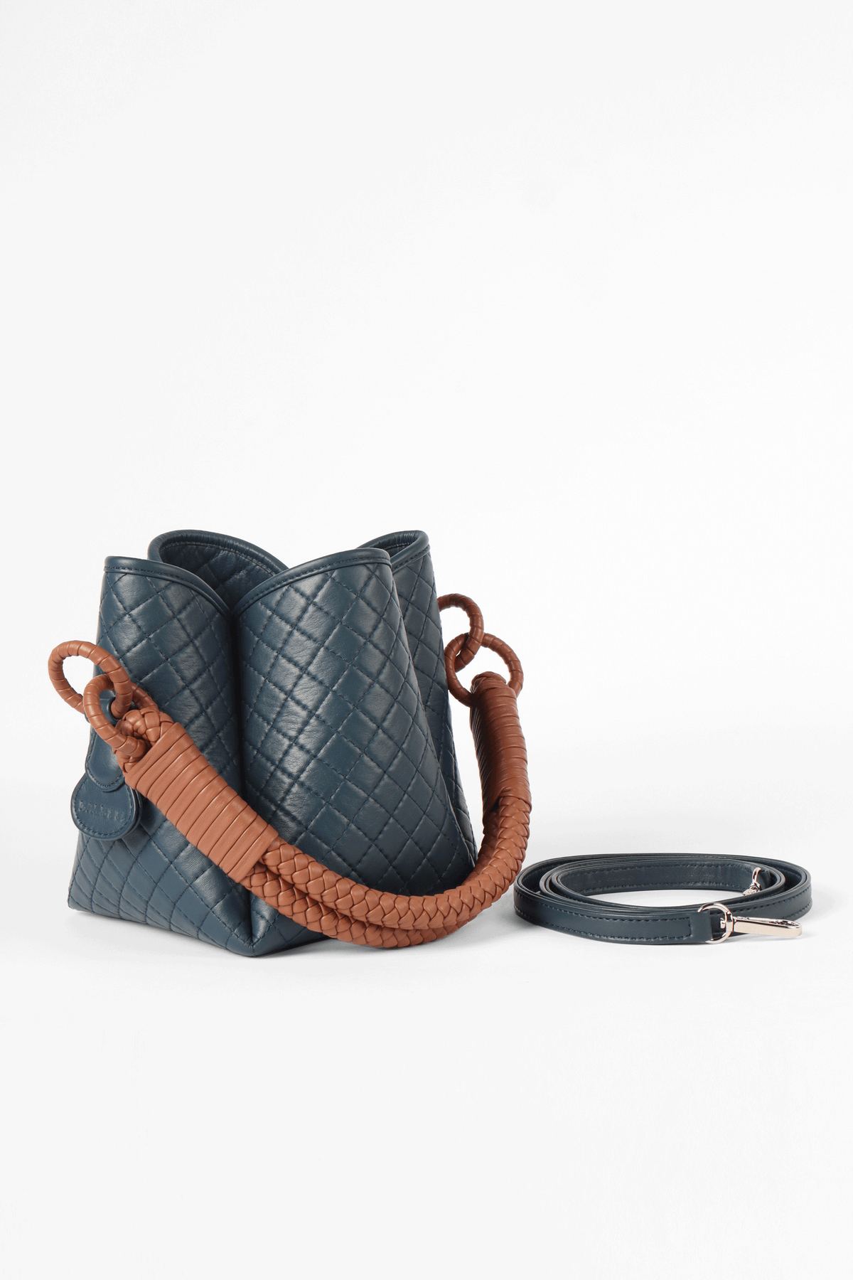 Tulip Mini  Bucket Bag, Navy Blue & Brandy