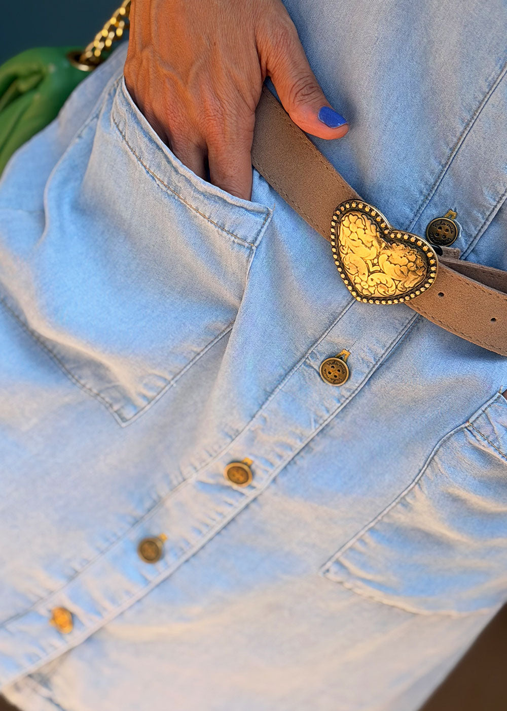 Camel split-leather belt with aged metal heart-shaped buckle, view 4