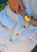 Camel split-leather belt with aged metal heart-shaped buckle, view 4