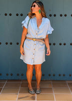 Blue Tencel dress with round neck, button front, ruffled sleeves, and matching belt