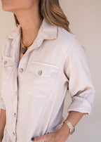Beige challis long sleeve shirt dress with buttoned waistband and ruffled hem, view 3