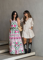 Beige challis long sleeve shirt dress with buttoned waistband and ruffled hem, view 2
