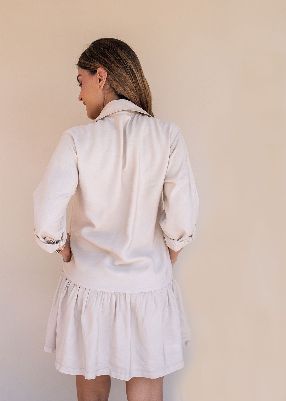 Beige challis long sleeve shirt dress with buttoned waistband and ruffled hem, view 5