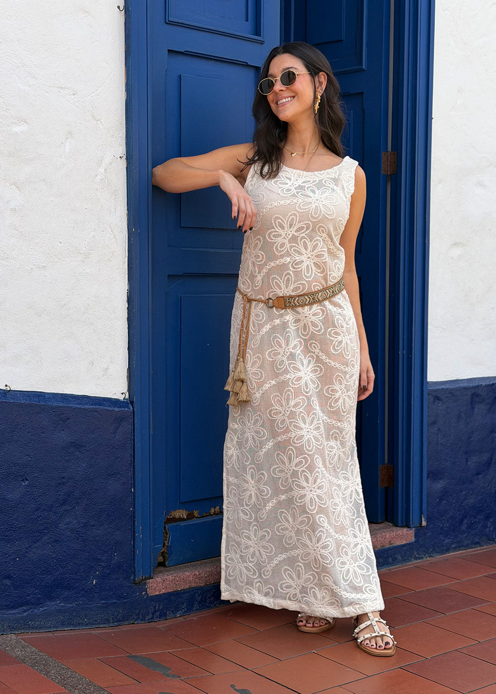 long beige dress flowing silhouette back view