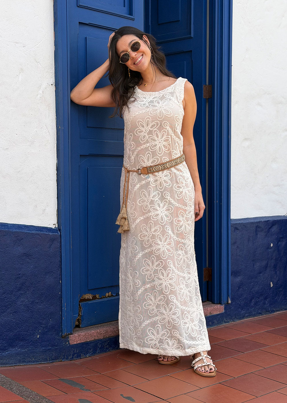 long beige woven dress with embroidered details front view