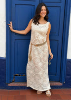 long embroidered beige dress side slit full length