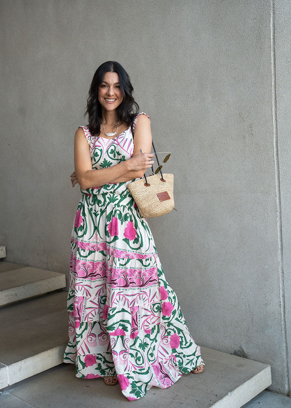 Ivory printed rayon maxi dress with wide straps, elastic waist, and ruffled hem, view 2