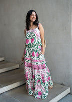 Ivory printed rayon maxi dress with wide straps, elastic waist, and ruffled hem, view 3