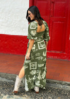 long green dress side profile flowing hem
