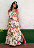 long printed linen-effect dress wide straps princess cut front view