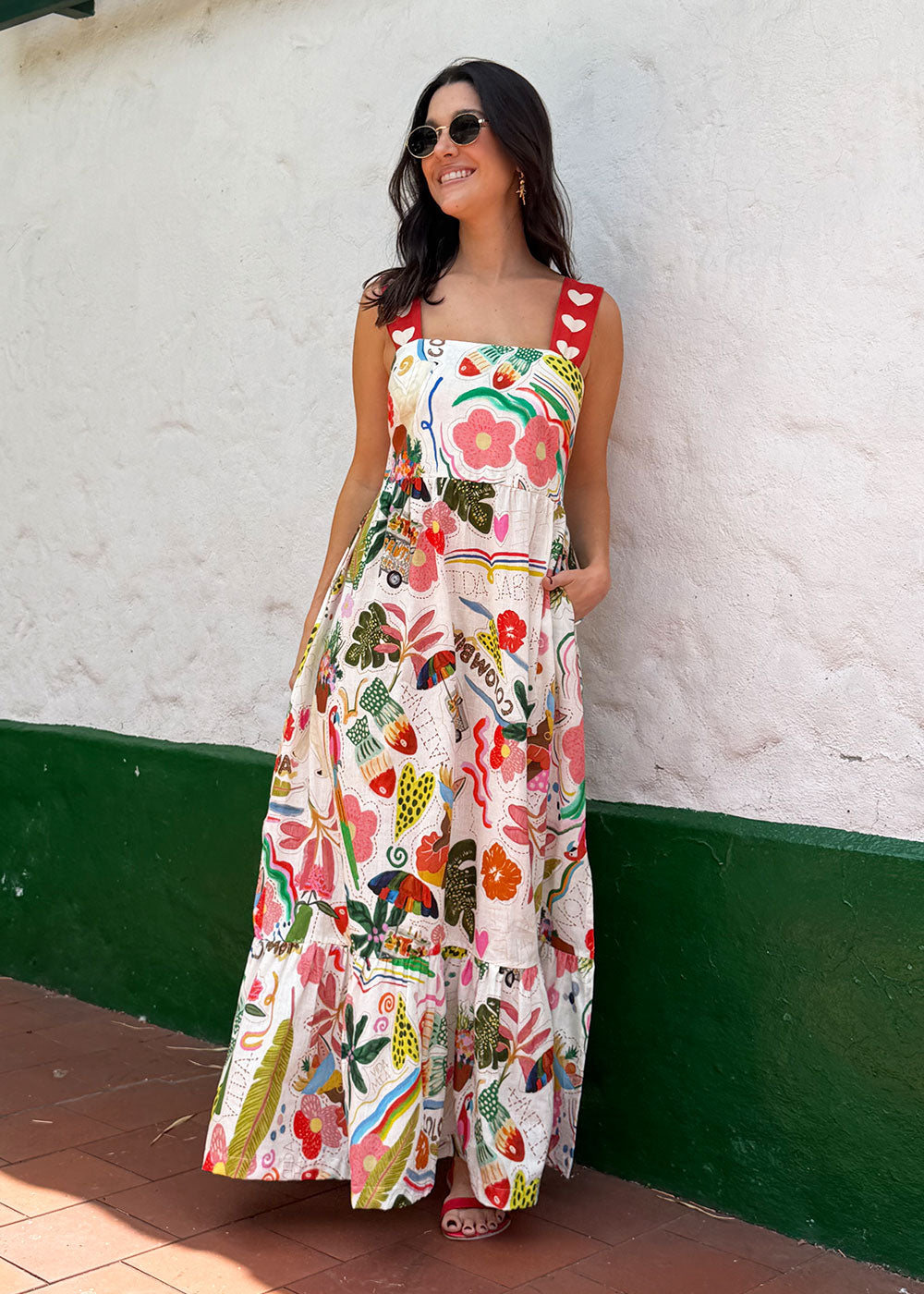 printed linen-effect dress side box pleats full length