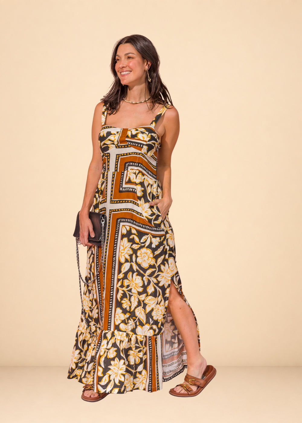 Brown printed viscose maxi dress with fitted bodice, smocked back, and ruffled hem, view 3