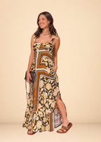 Brown printed viscose maxi dress with fitted bodice, smocked back, and ruffled hem, view 3