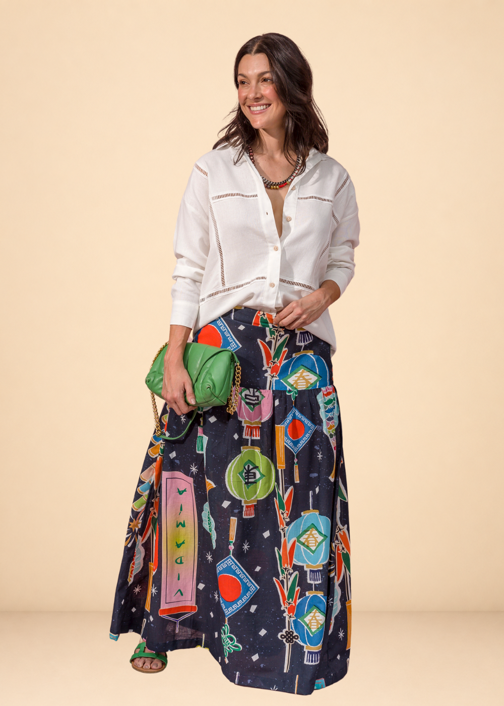 Blue printed linen-effect maxi skirt with fitted waist and hip ruching, view 4
