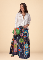 Blue printed linen-effect maxi skirt with fitted waist and hip ruching, view 4
