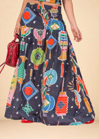 Blue printed linen-effect maxi skirt with fitted waist and hip ruching