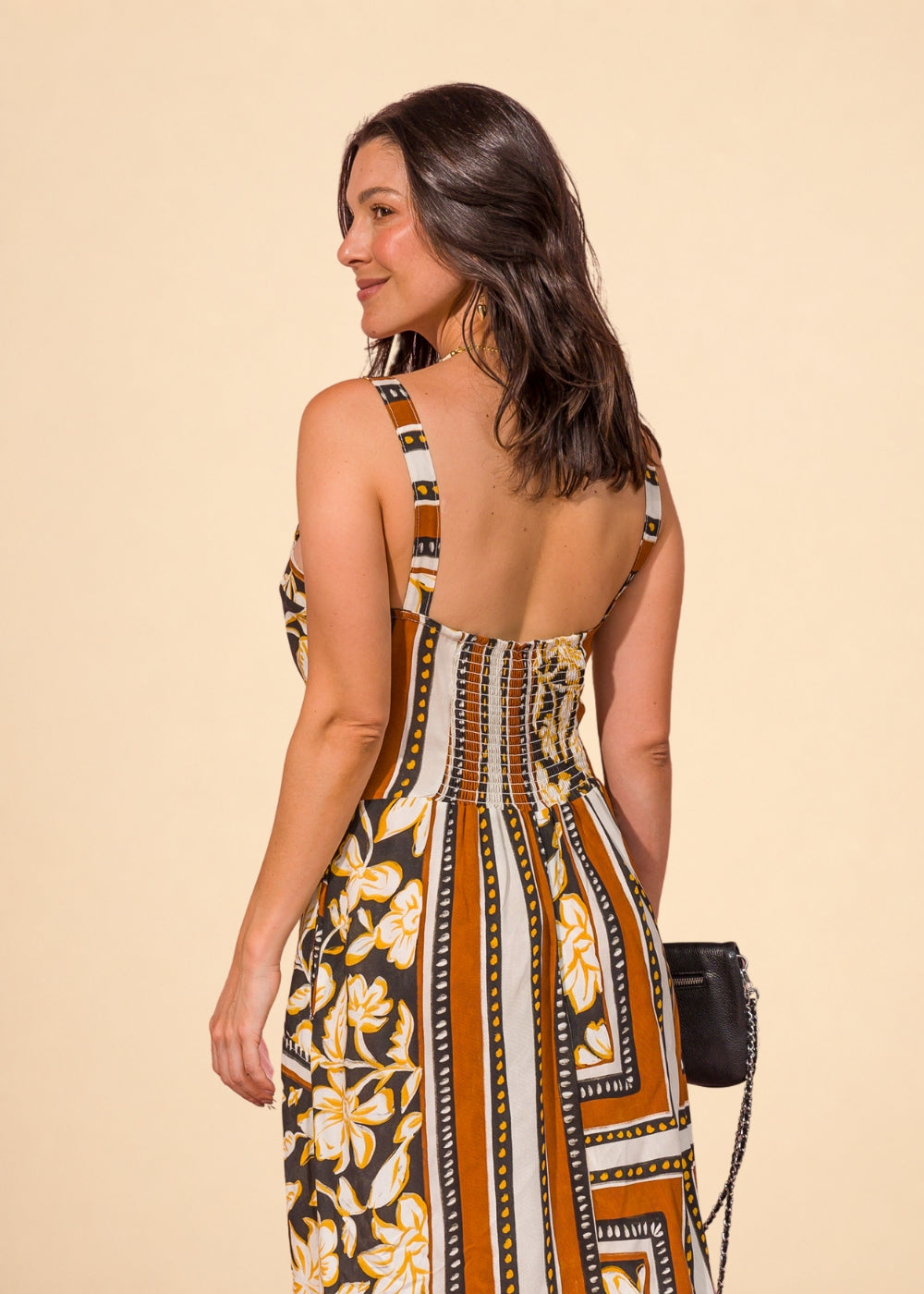 Brown printed viscose maxi dress with fitted bodice, smocked back, and ruffled hem, view 2