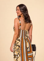 Brown printed viscose maxi dress with fitted bodice, smocked back, and ruffled hem, view 2
