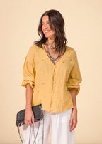 Mustard linen-effect cotton shirt with V-neck, puff sleeves, and star appliqués, view 4