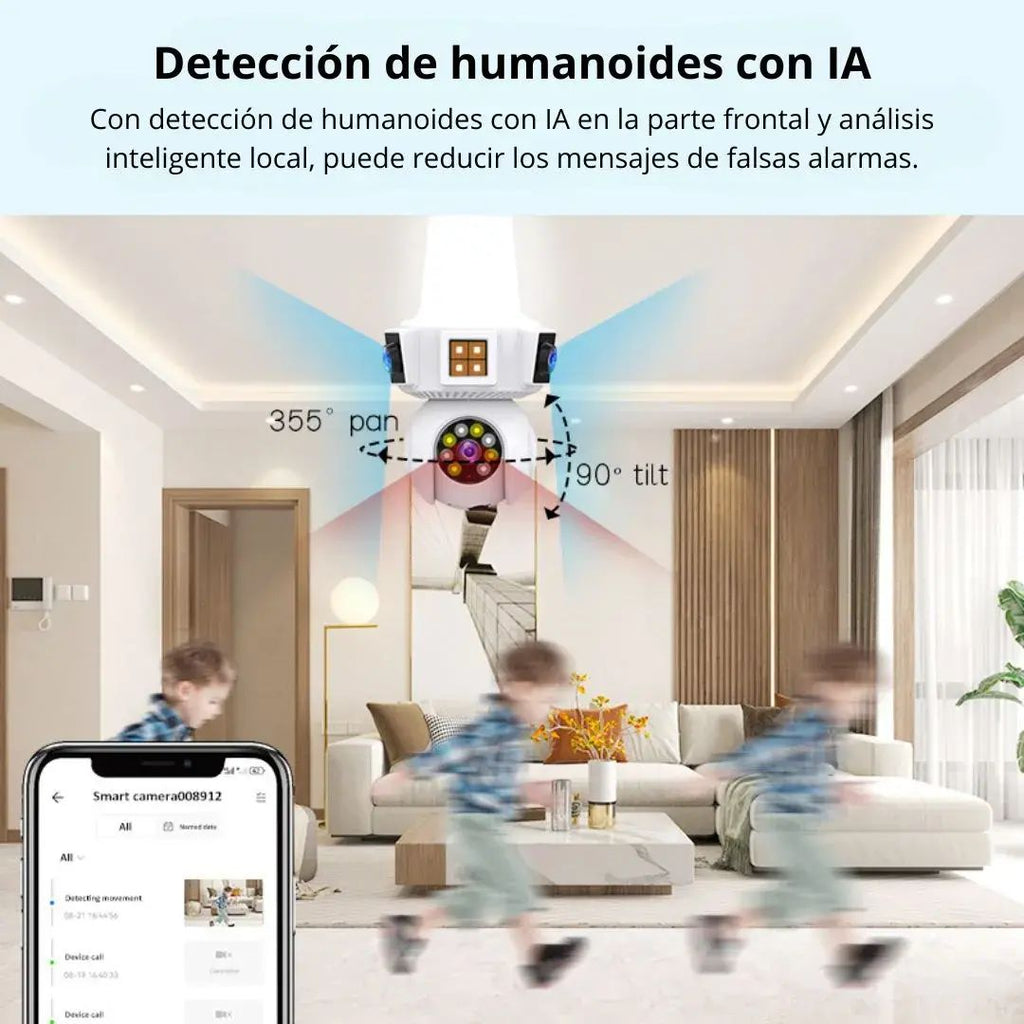 Cámara Doble Lente WiFi E27 – Seguridad Inteligente 3 Pantallas en Tiempo Real