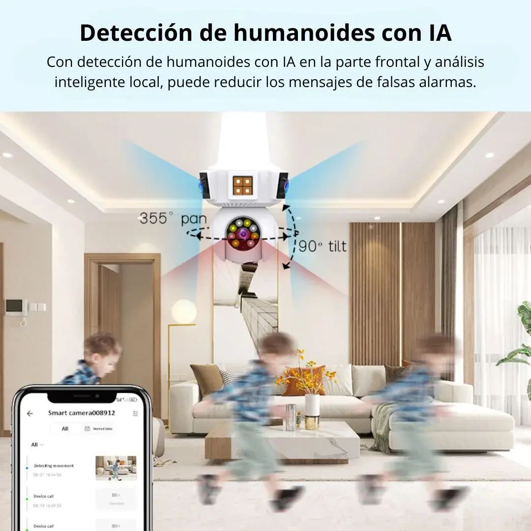 Cámara Doble Lente WiFi E27 – Seguridad Inteligente 3 Pantallas en Tiempo Real
