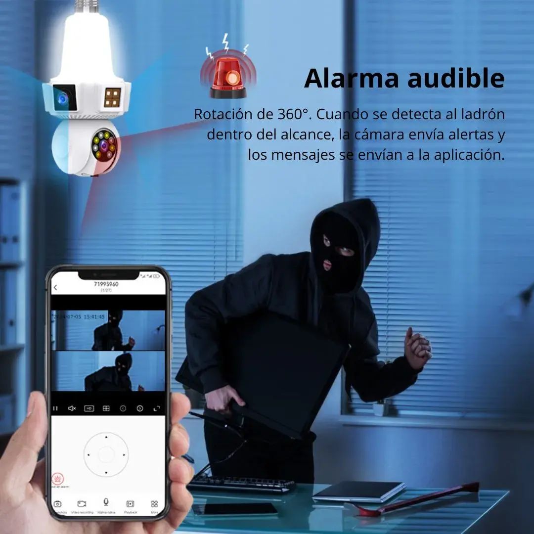 Cámara Doble Lente WiFi E27 – Seguridad Inteligente 3 Pantallas en Tiempo Real